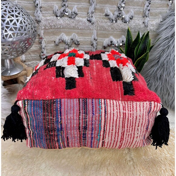 Handmade Moroccan Floor Pillow Ottoman, Vintage Boucherouite Pouf 03YS0080 - Picture 5 of 10